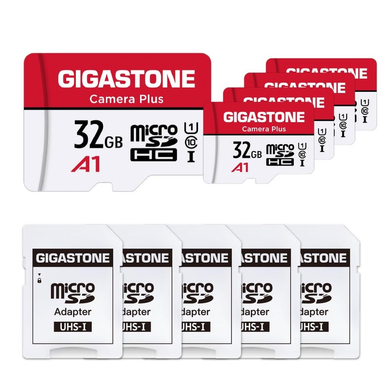 GIGASTONE 32GB Micro SD Card 5-Pack, MicroSDHC Memory Cards for Security Cameras, Wyze Cam, Roku, Full HD Video Recording, UHS-I U1 A1 Class 10, up to 90MB/s, with Adapter - Image 1